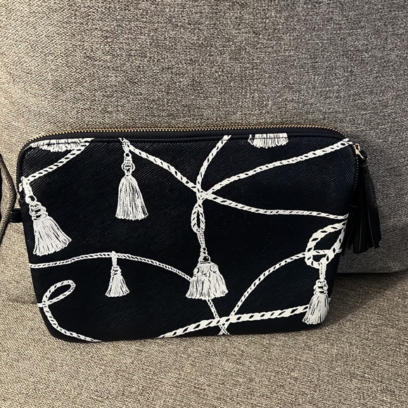 Chicos Blue and white Tassel Large Zip Pouch Makeup/Travel medium size clutch - Picture 2 of 7